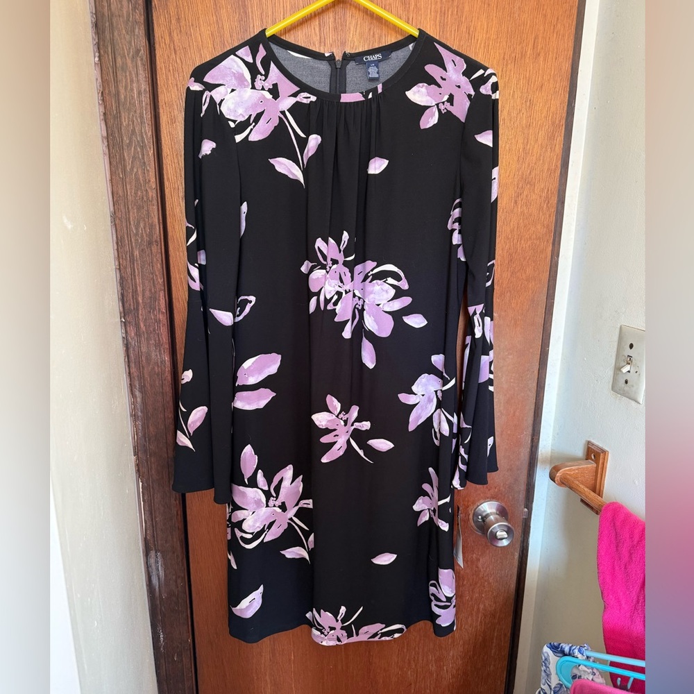 Chaps Long Sleeve Black Dress with Pink Floral Pattern